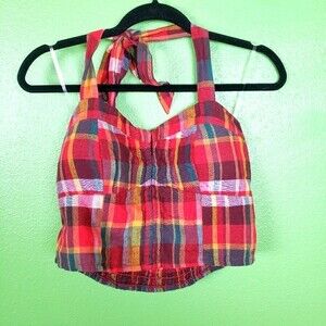 American Eagle NWOT Women's Plaid Crop Smocked Halter Top Size Large